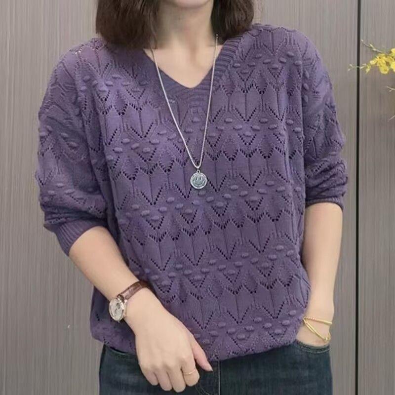 Modna bluzka sweter w stylu zachodnim z dekoltem w serek, ażurowa, cienka, temperamentna, pasująca do wszystkiego, z długim rękawem, jesienna, rozmiar plus 6XL