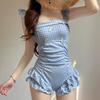 Dopamine small fresh ins tight pure desire wind blue plaid one-piece swimsuit women's conservative meat cover and thin hot spring