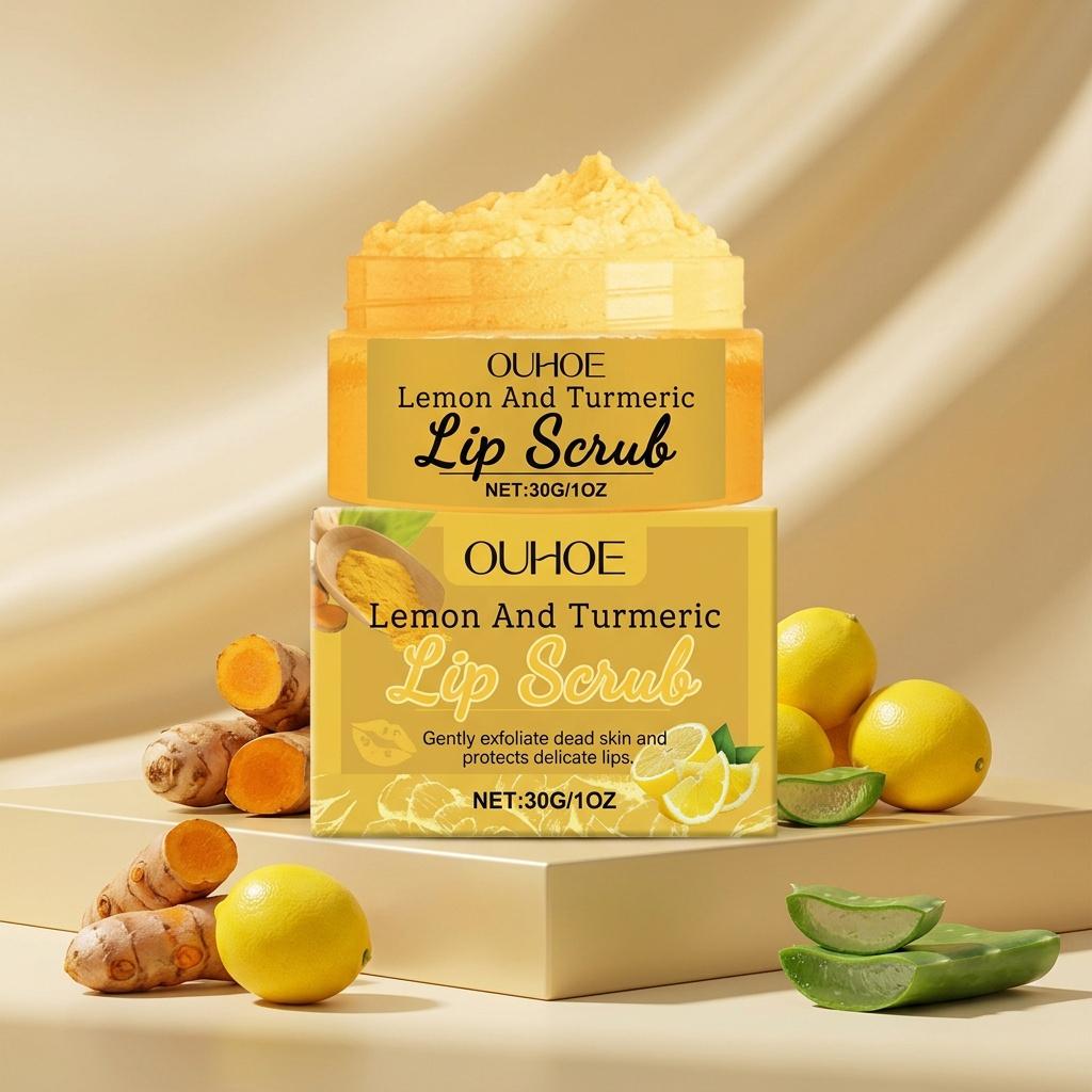 Turmeric Lemon Lip Scrub with Turmeric Root Lemon Fruit and Aloe Vera Extracts Fine Texture Deep Hydrating Moisturizing Gently Exfoliates Softens Lips