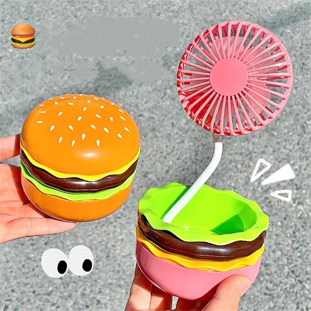Rechargeable Hamburger Mini Fan, Creative Cute Toy Fan with Mirror, 3-Speed Mode, Small Gift for Family and Friends in Summer.