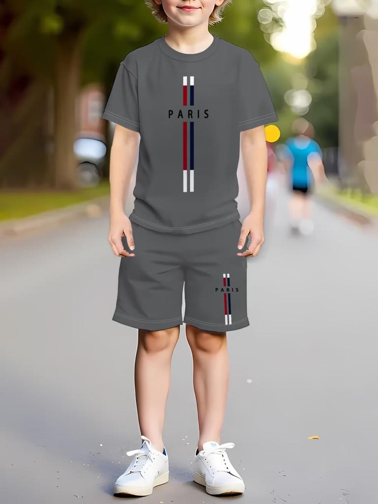 2026 Sommer Lässige Jungen T-Shirts Sets Rundhals Paris Buchstabe 3D Gedruckte Shorts Sport Zweiteiliges Anzug Outdoor Kinderkleidung