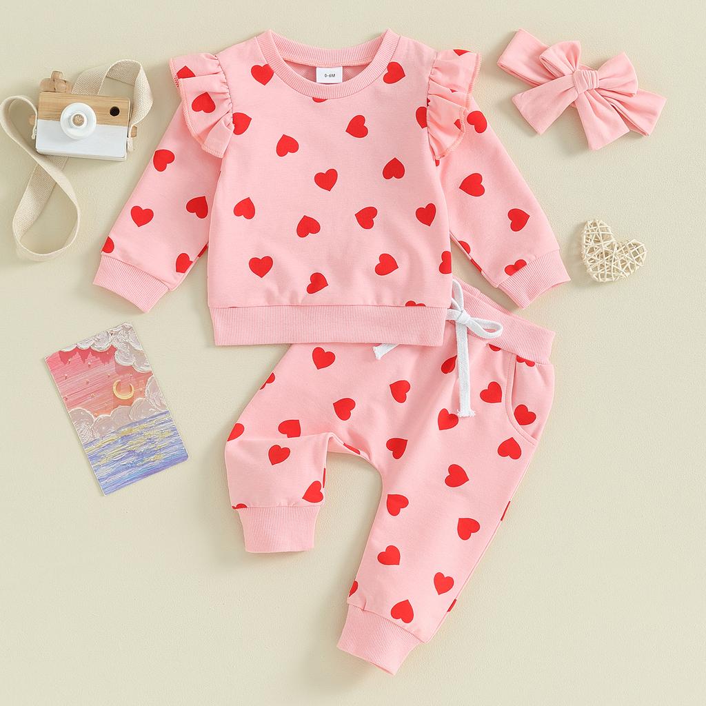 Citgeett Spring Valentine's Day Toddler Girls Sets Long Sleeve Heart Print Sweatshirt Drawstring Pants Headband Clothes Sets