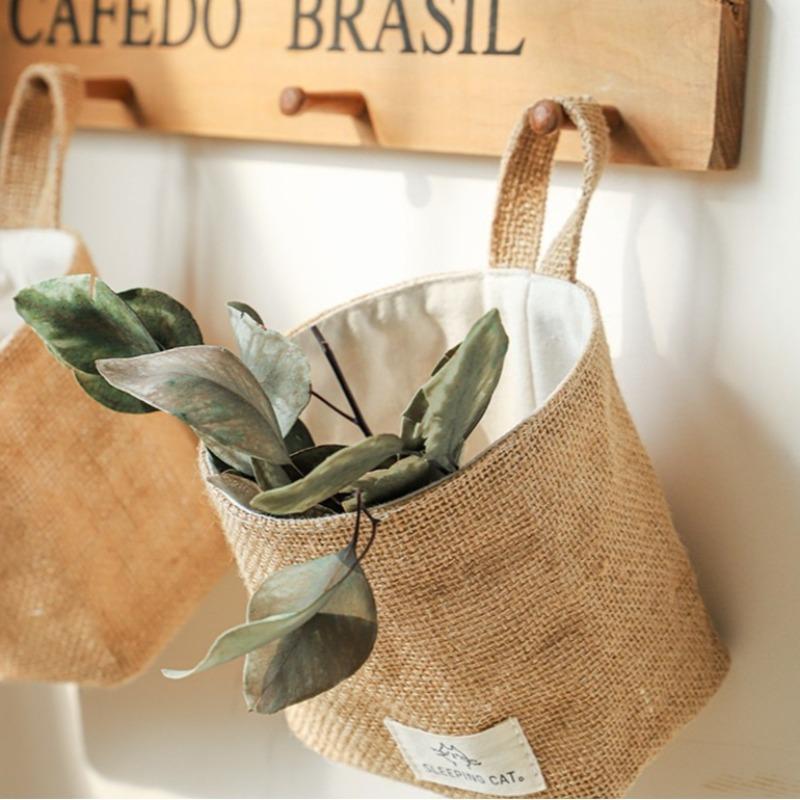 1pcs Cotton Linen Storage Basket Hanging Desktop Organizer for Cosmetics Keys & Sundries Home Storage Basket