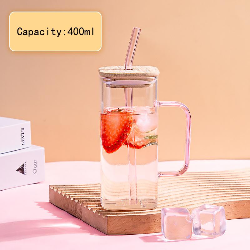 400ML Wide Mouth Mason Jar Drinking Glasses with Bamboo Lids & Straws And Square Color Handle Cup Beer Iced Coffee