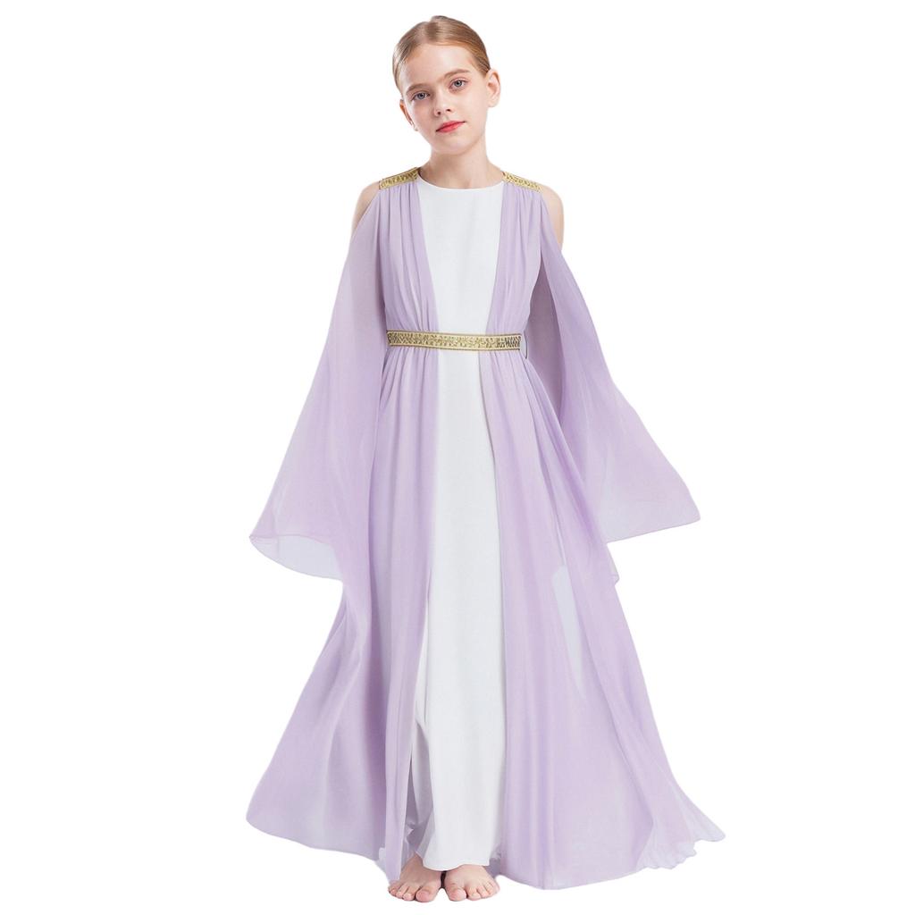 Girls Ancient Greek Roman Cosplay Costume Long Sleeve Golden Embroidery Dress Tulle Patchwork Halloween Gown