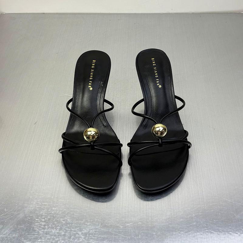 Fashion Black Footwear Metal Fashion Round Toe Ladies Medium Heels Sandals Female Slides Shoes Elegant Women Heeled Sandals Shoes Pumps