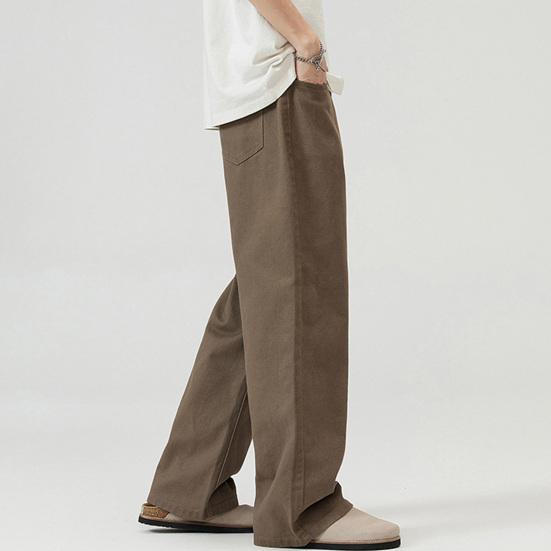 Men Pants Solid Color Straight Wide Leg Retro Style Pants with Pockets Zippered Trousers for Daily Home Streetwear Sports