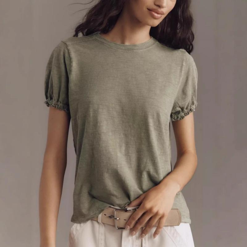 Women s Sage Green Puff Sleeve Short Sleeve T-Shirt S зелёный