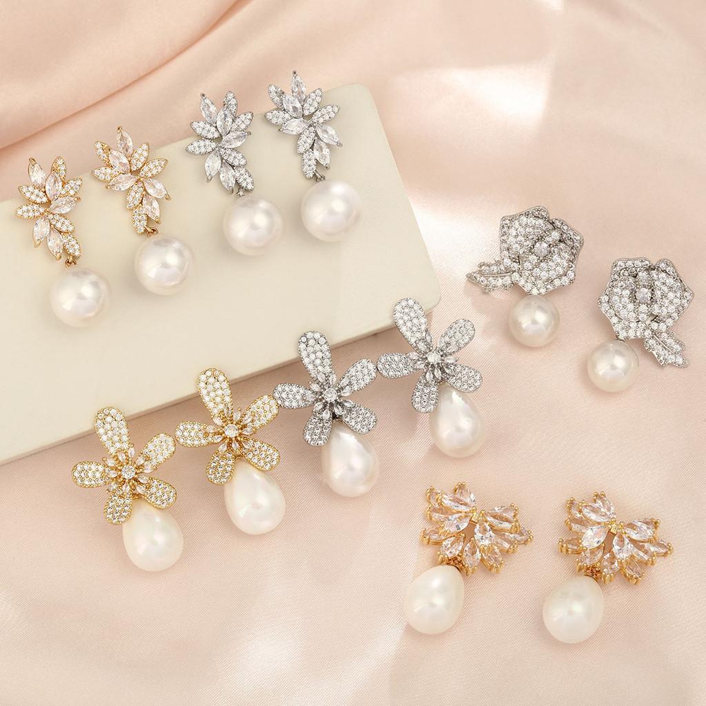 Geometric Pearl Drop Earrings With Cubic Zirconia For Elegant Women