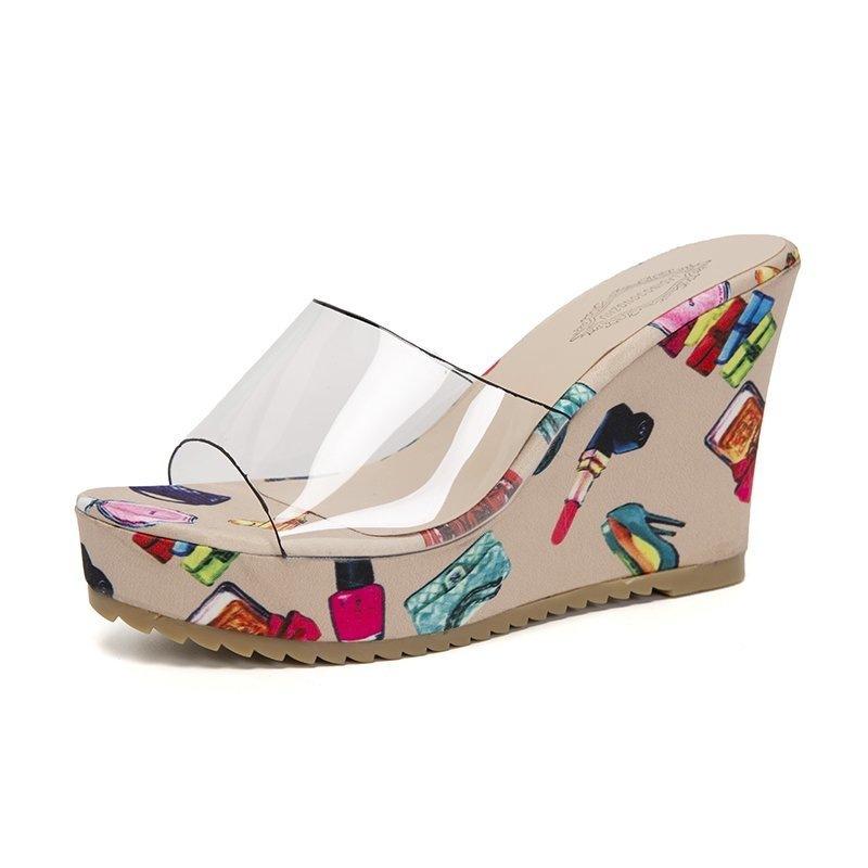 Fashion Printing Wedges High Heels Slippers for Women Gladiator Sexy PVC Transparent Peep Toe Ladies Slides Summer Retro Platform Sandal