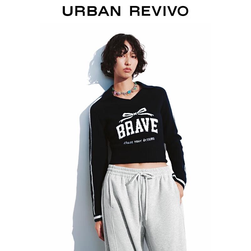 

Женский вязаный свитер с длинным рукавом и цветными блоками и надписью UR