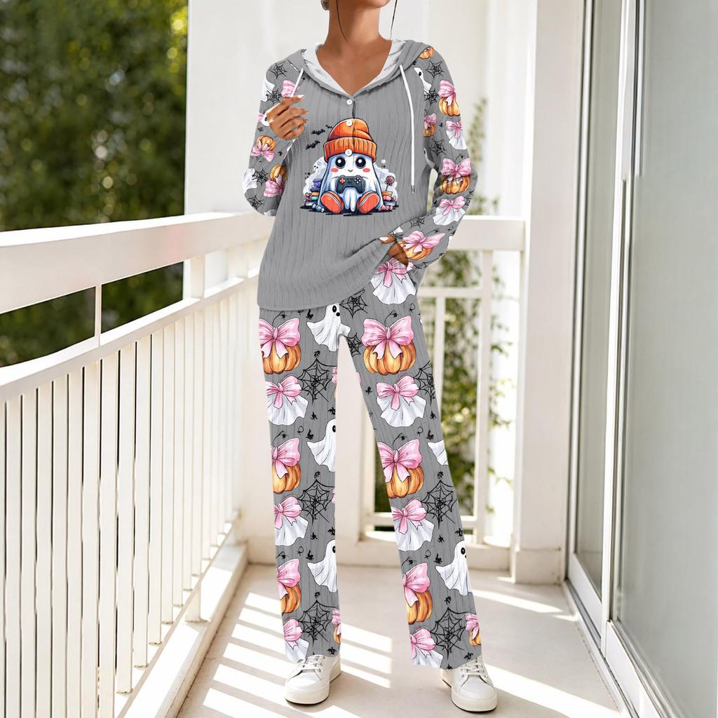 Women's Halloween Print Pajama Set, V-Neck Long Sleeve Hooded Loose Fit Sleepwear with Pockets