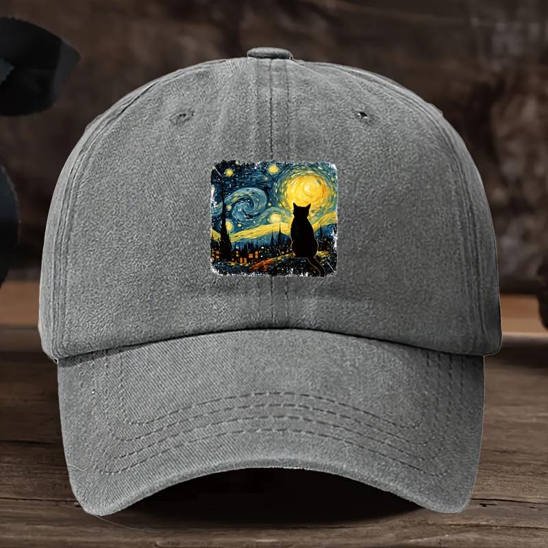 Unisex Waschbare Baseballkappe Verstellbar Van Gogh Schwarze Katze Muster Mütze Weich Retro Stil Kappe Geeignet für Jede Jahreszeit