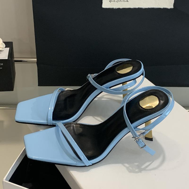 

Новая летняя мода узкий ремешок квадратный носок женские сандалии гладиаторы тонкий каблук туфли для платья zapatos de mujer 35 синий