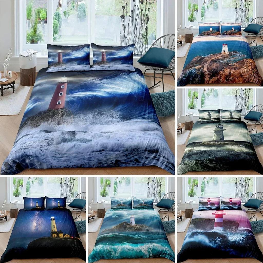 Top Lighthouse Duvet Cover Set Nautical Surfing Ocean Wave Bedding Set Queen Polyester Coastal Nature Theme Quilt Cover