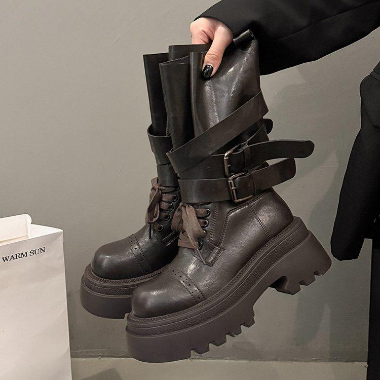 

Brown thick-soled heightening Martin boots in the autumn of 2025, new fashionable and versatile design, belt buckle medium boots 40