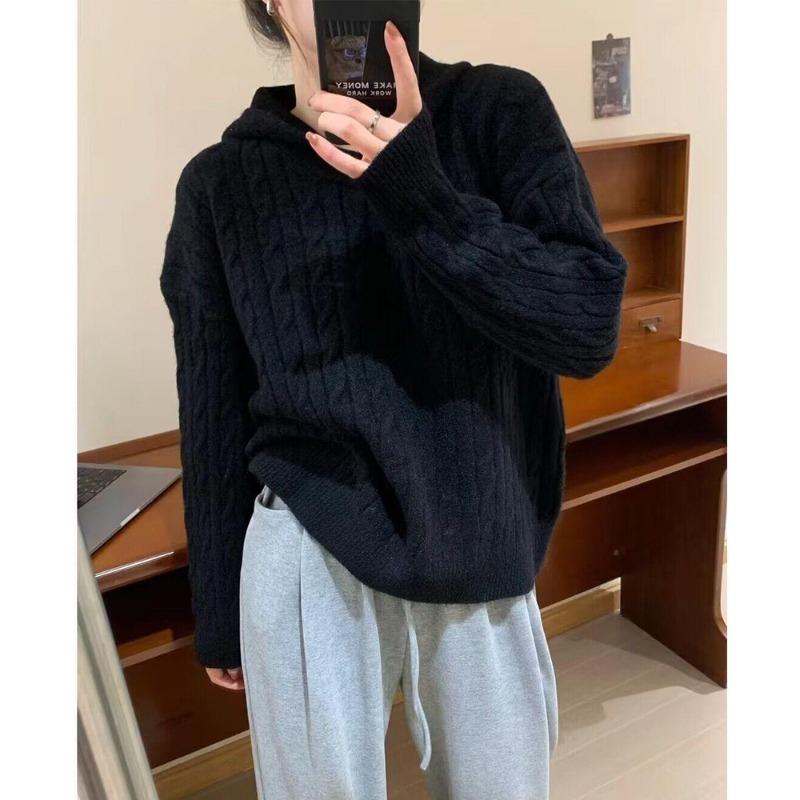 

Ретро свитер с капюшоном с косами женский осенне-зимний ленивый свободный повседневный мягкий восковой новый однотонный пуловер вязаный свитер One size чёрный
