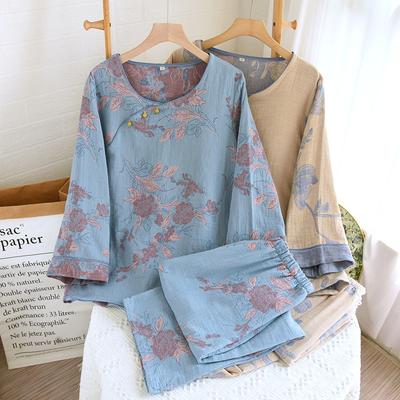 Women's Pearl Button Color Woven Jacquard Sleepwear Clothes for Women's All Seasons Thin Round Neck Pullover Home Pyjama Suit