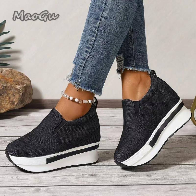 Fashion Women's Height Increasing Wedges Shoes Lightweight Slip On Platform Sneakers Women Thick Sole Denim Walking Rocker Shoes Woman
