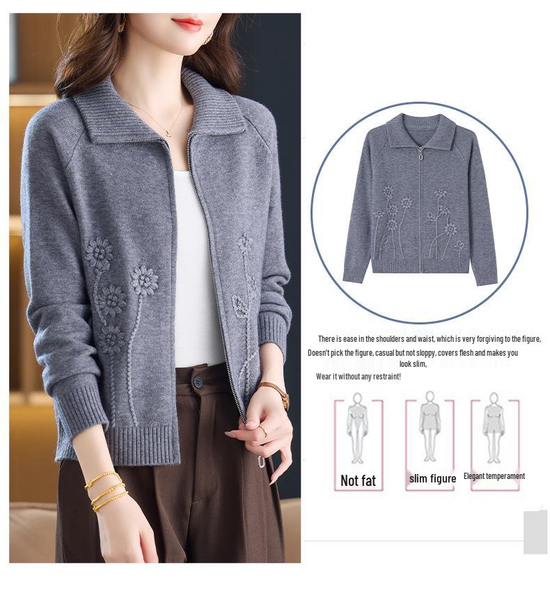 Women's Short Cardigan Sweater - 2025 Spring/Autumn Fashion, Loose Knitted Zipper Jacket for Moms