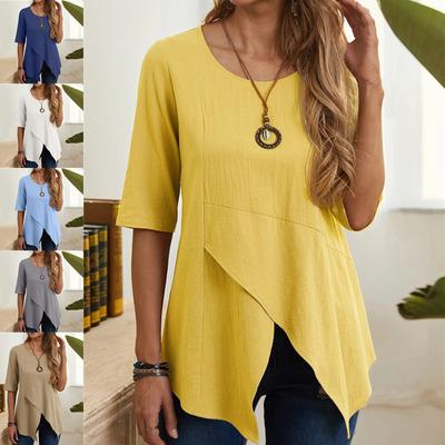 Europe and The United States Women's Irregular Pullover Round Neck Slim Mid-sleeved Cotton T-shirt Tops Plus Size