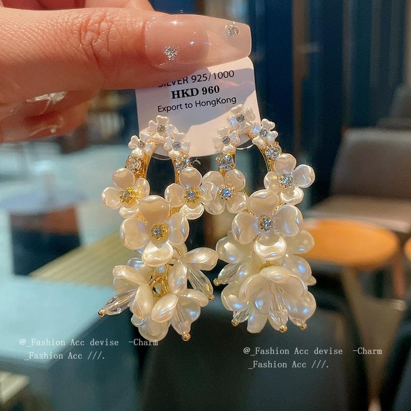 Silver Needle Diamond Shell Flower Super Fairy Earrings French Retro Zircon Long Fringed Earrings Light Luxury Earrings
