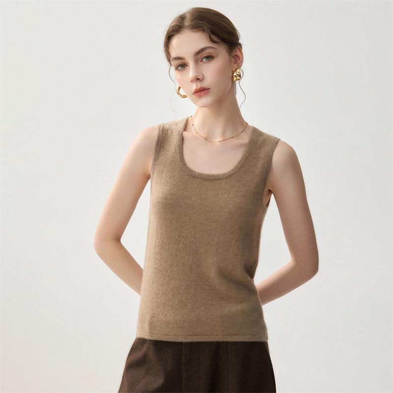 Lekasha Women's Cashmere U-Neck Camisole Sweater - Autumn/Winter Solid Color Knit