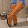 Women's Solid Color Trendy Boots, Buckle Belt Pull On Chunky Heel High Knee Boots, Winter Round Toe Slouchy Boots