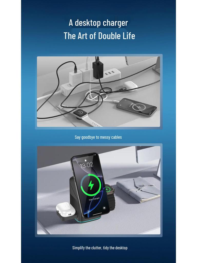 Qi2 Certified 3-in-1 MagSafe Wireless Charger for Apple & Samsung Phones & Watches