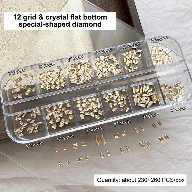 12 Grids Mixed Shape Colorful  Nail Art Decoration Multi Size Flat Back  Nail Gel Diy Nail Accessories