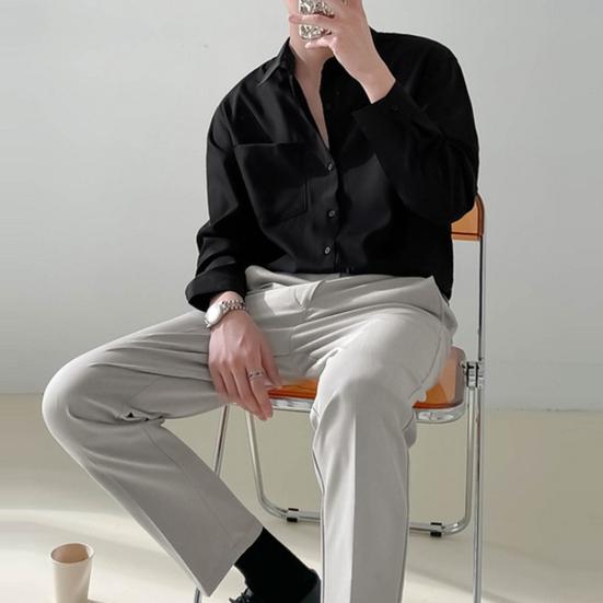 Lapel Long Sleeve Single-breasted Patch Pocket Draped Men Shirt Slim Fit Solid Color Business Dress Shirt Top