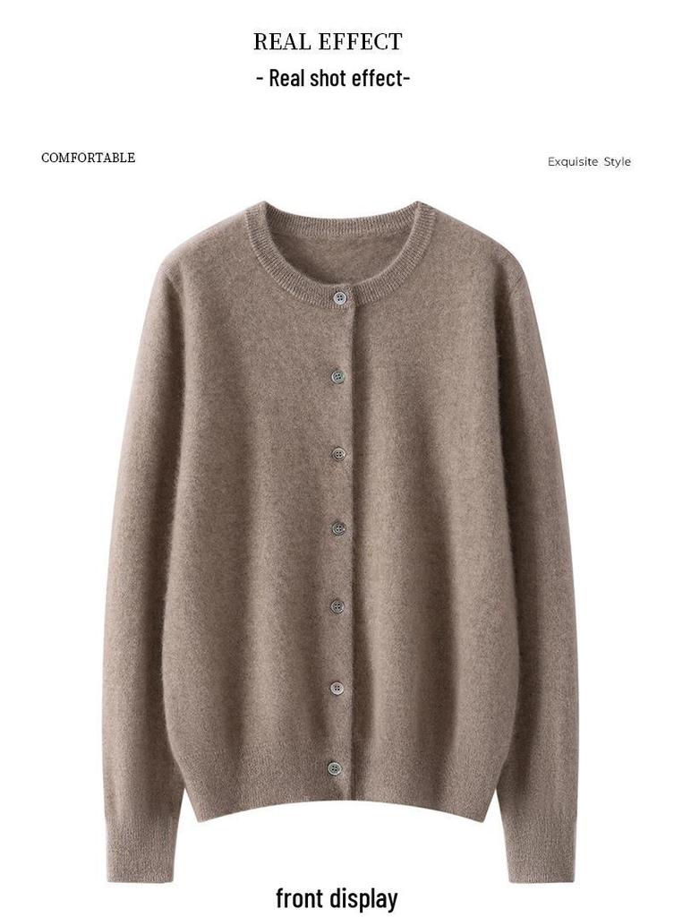 Women's Round Neck Cashmere Cardigan – Soft & Simple, Solid Color, Loose Fit, Fashionable Knit Sweater for Autumn/Winter.