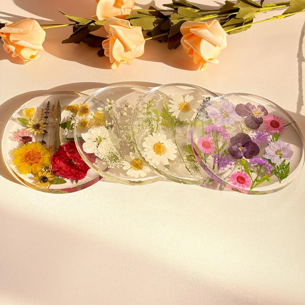 1/4PC 2D Round Colorful Printed Coasters Transparent Artistic Floral Coasters Wedding Birthday Table Decor Mother's Day Gifts