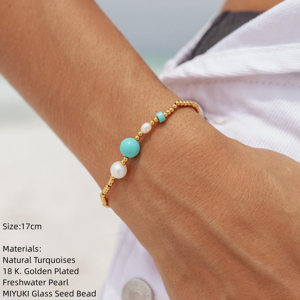 Vlen Natural Turquoises Summer Bracelet for Women Boho Jewelry High Quality Gold Plated 18 K Freshwater Pearl Bracelets