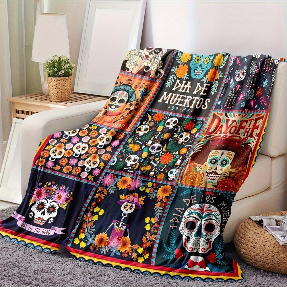 Decorative Sugar Skull Floral Pattern Flannel Throw Blanket Soft Warm Bed Sofa Cover,Comfortable Home Decor Fleece Throw for All Seasons Gift