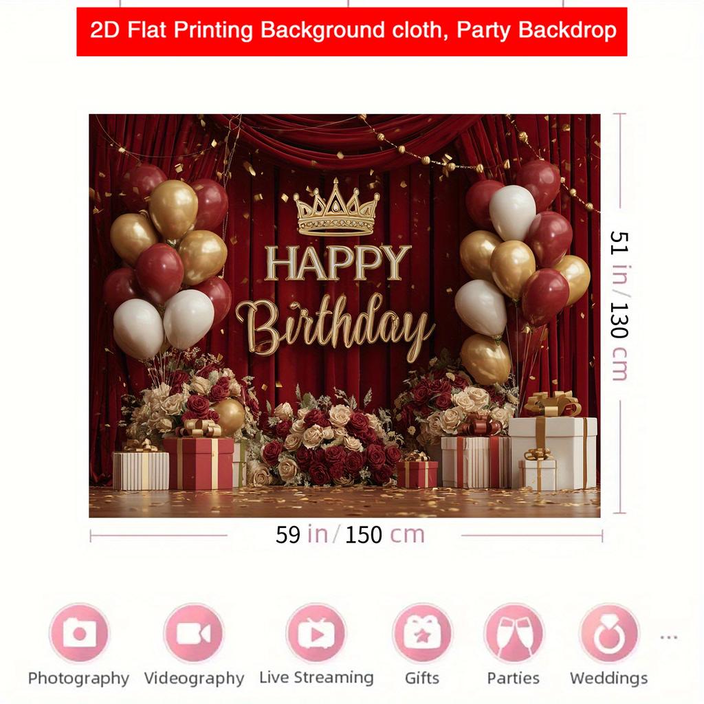 2D planar fabric 2D planar banner fabric 1 piece of red background fabric with "Happy Birthday" balloon theme