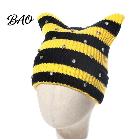 Knitted Winter Hat for Women Cat Ear Girls, Striped Slouchy Crochet Headgear Trendy Festival Fashion with Shiny Rhinestones, Cute Warm Cap Contrast