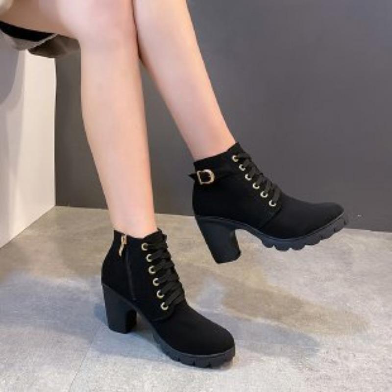 Large size spring and autumn new thick heel high heel Martin boots women's strap belt buckle ankle short boots