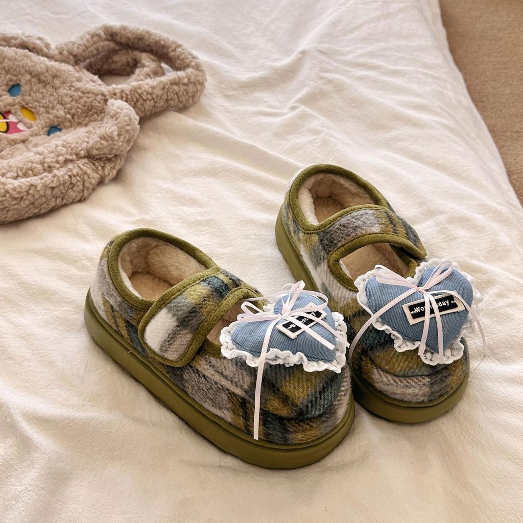 Korean version of cute Mickey plaid cotton shoes for women's 2025 new home warmth and outer wear thick-soled plush cotton shoes