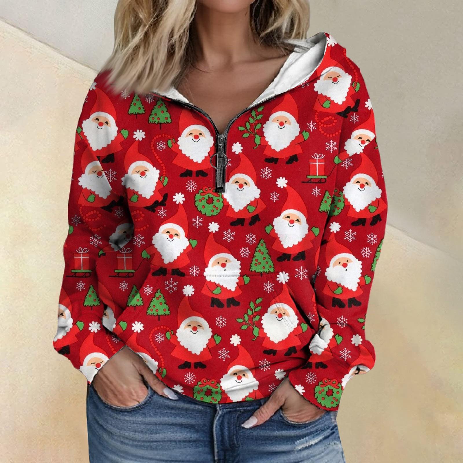 Женская свободная толстовка с капюшоном на молнии и длинными рукавами с рождественским принтом и карманами XXL красный