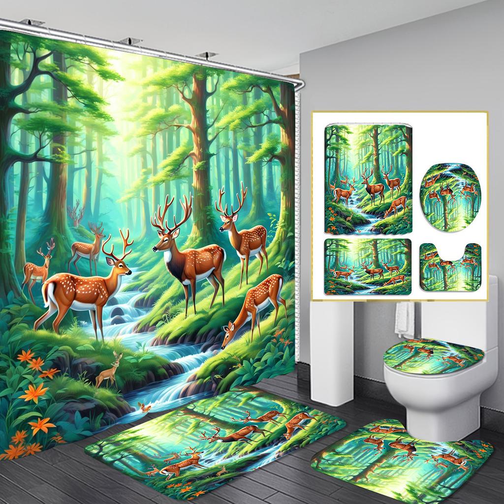 Christmas Shower Curtain Four-Piece Non-Punching Partition Curtain Digital Printing Bathroom Dress