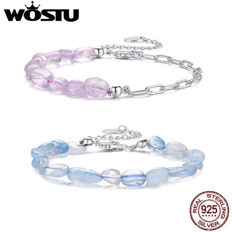 WOSTU 925 Sterling Silver Natural Blue Purple Crystal Charm Bracelet Mystical Natural Gems Chain Links Gift For Lover Family