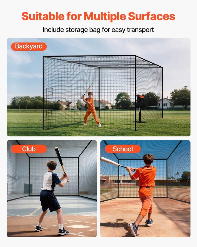 Baseball Batting Cage, 12700 X 3900 X 3080mm Freestanding Portable Batting Cage, Hitting Cages with 30-Ply Knotted HDPE & Carabiner Hooks, Battings