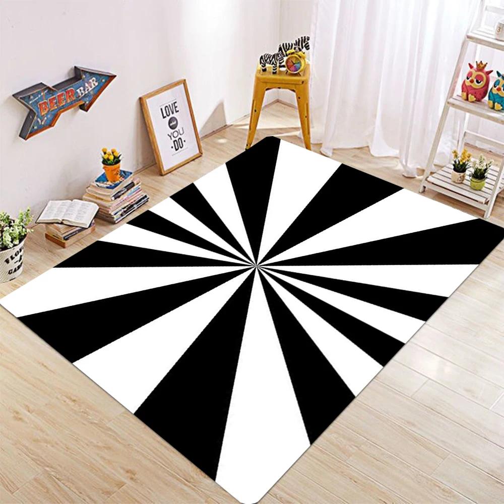 Black and White Intersecting Lines Optical Illusion Carpet Trap Area Anti Slip Square Living Room Short Plush Vortex Carpet