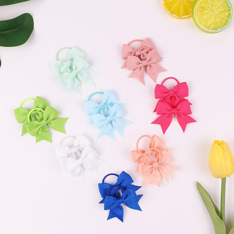 10Pcs  Color Grosgrain Ribbon Bows Elastic Hairties Hair Bands Girls Spring Head Rope Hair Accessories