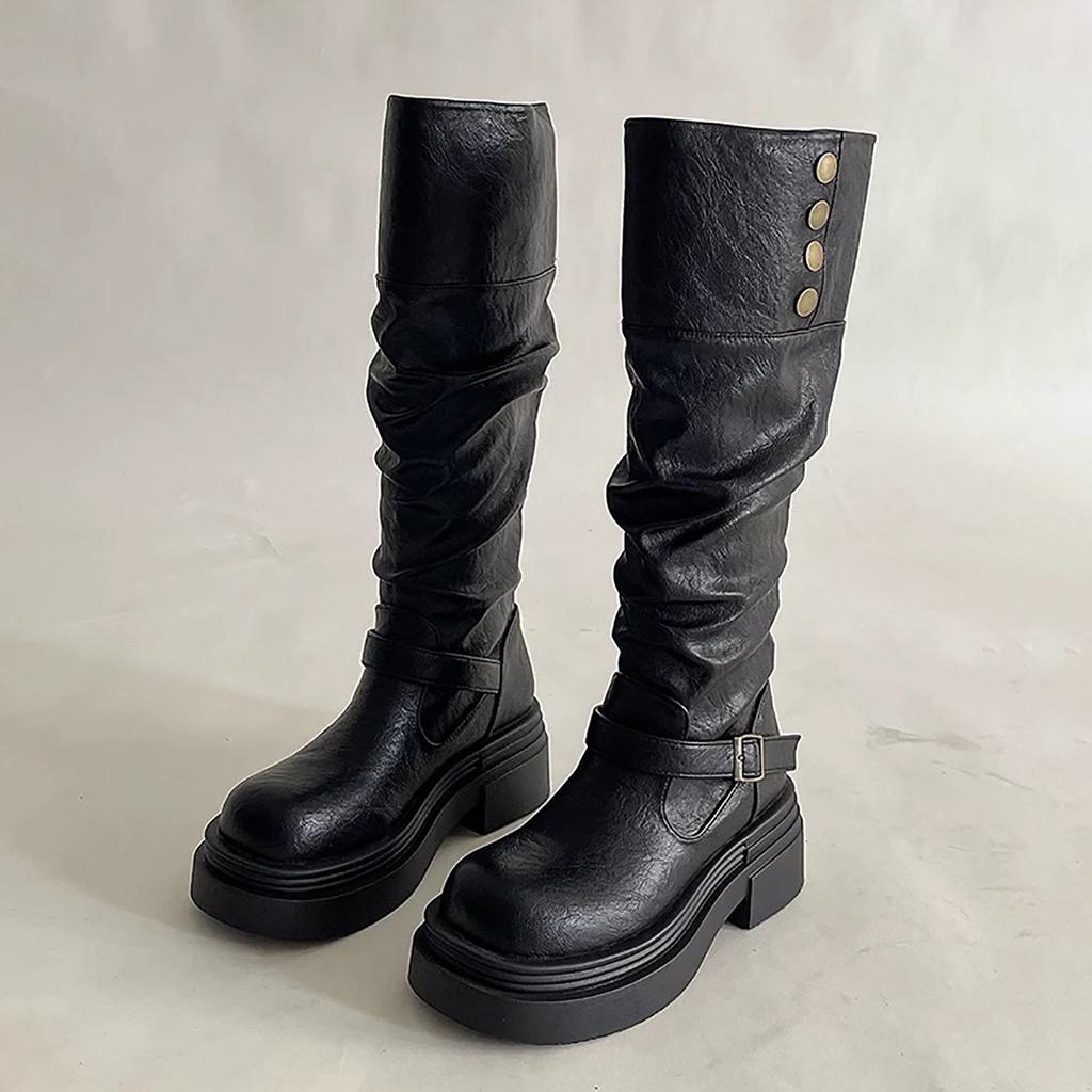 Retro hot girl thick-heeled platform boots women's 2025 summer new slim knee-length rider boots