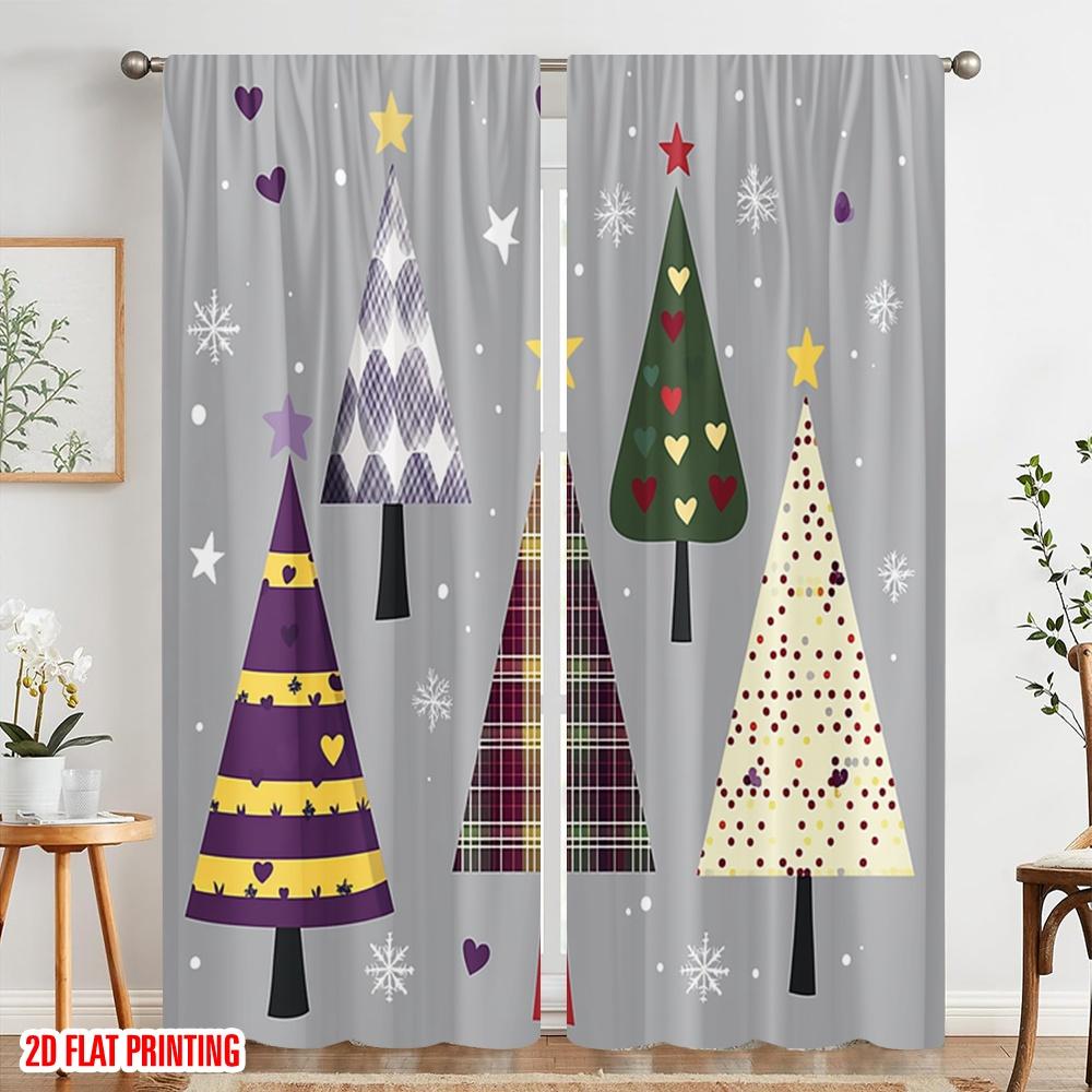 2pcs,2D Plane Printing Print Curtains Christmas Trees Festive Holiday Stars Versatile Fabric (without Rod) Decorations Outdoor