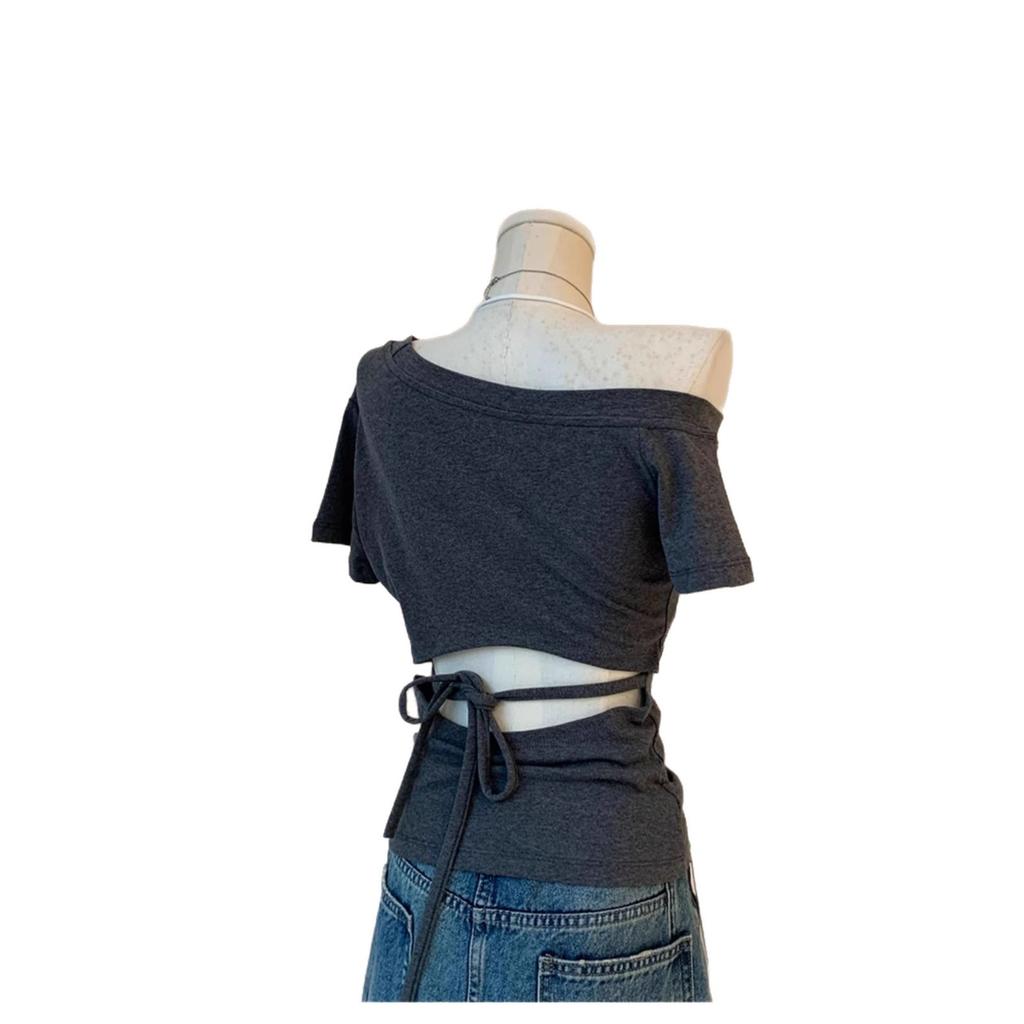 Sexy Spice Girl Slant Shoulder Back Hollow Design Slim Sleeve Short Sleeve T-Shirt Women's Summer Solid Color Personalized Small Top ins Tide