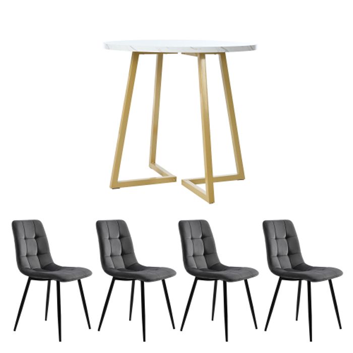 Ensemble de table à manger - MUVOE - Table ronde 80 cm - 4 chaises en velours - Métal - Design contemporain