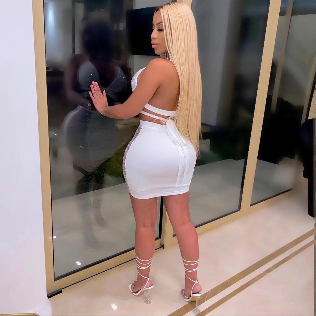 C3645 Fashion European & American Nightclub Skirt: Hot Drilling, Cross Straps, Backless Two-Piece Set